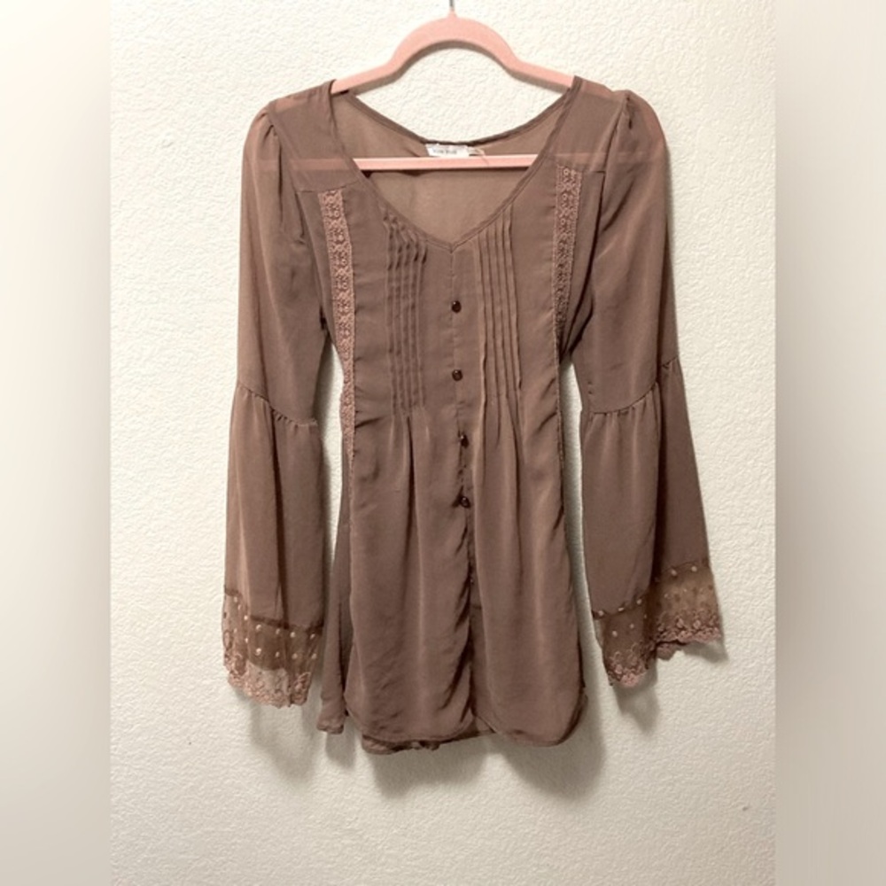 Blue Bird Brown Shabby Lace Detail Tie Blouse!